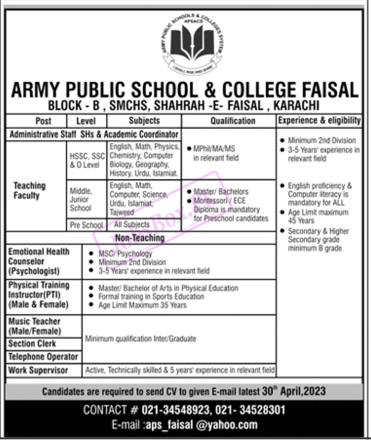 Army Public School APS Karachi Jobs 2023 at Faisal Campus