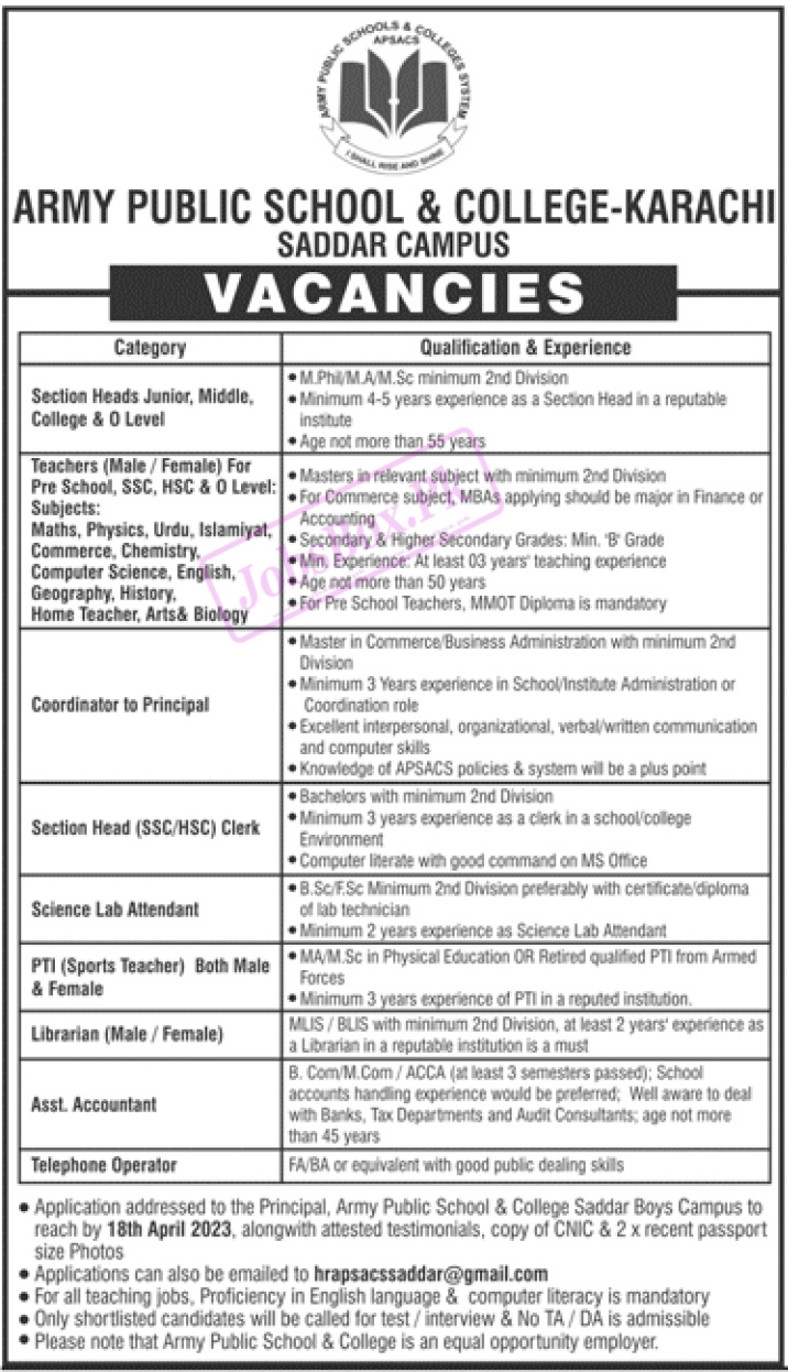 Army Public School APS Karachi Jobs 2023 at Saddar Campus