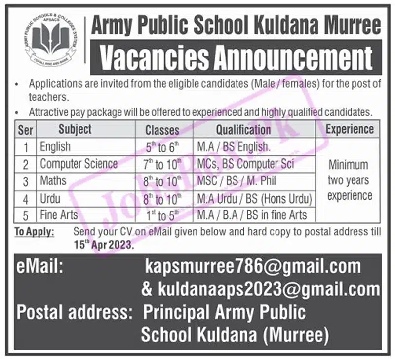 Army Public School APS Kuldana Murree Jobs 2023