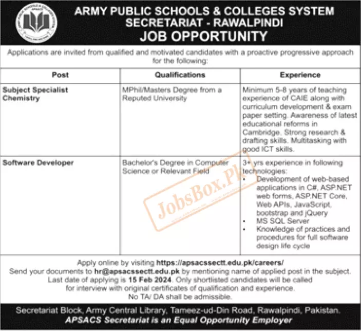 Army Public Schools and Colleges System Secretariat Rawalpindi Jobs 2024