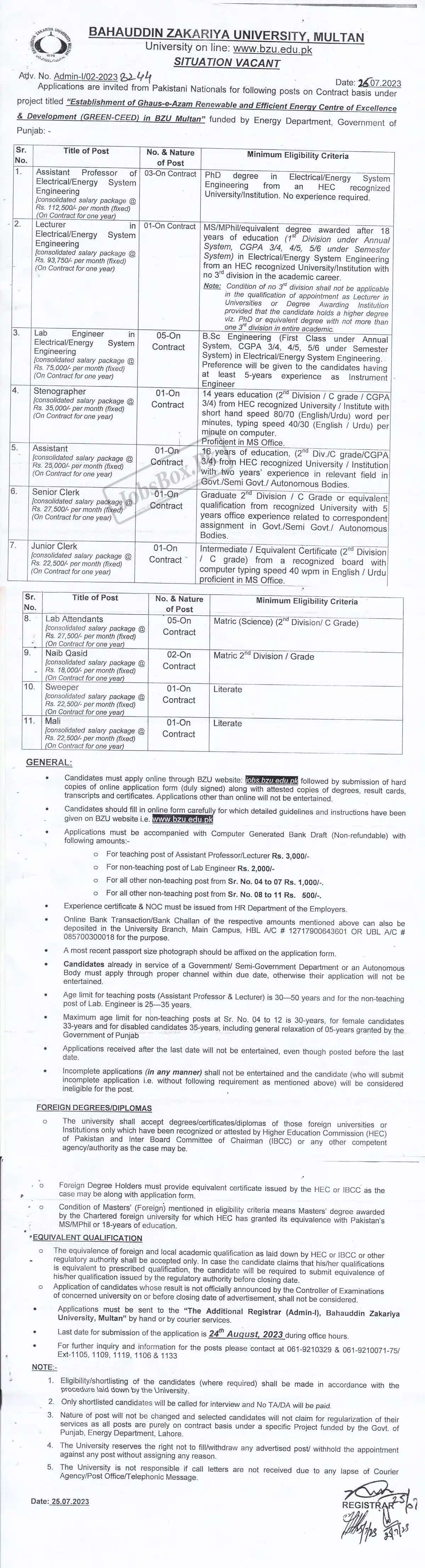 BZU Multan Jobs 2023 - Bahauddin Zakariya University Online Apply