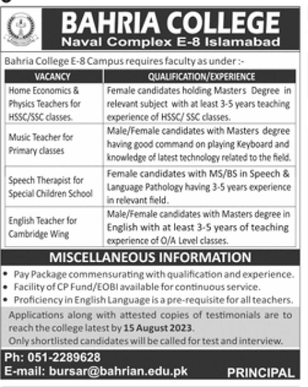 Bahria College Naval Complex Islamabad Jobs 2023