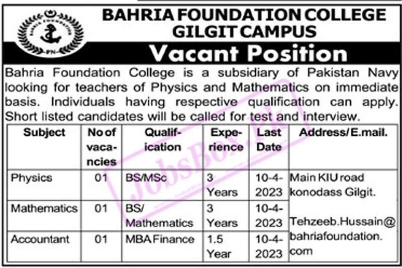 Bahria Foundation College Gilgit Campus Jobs 2023