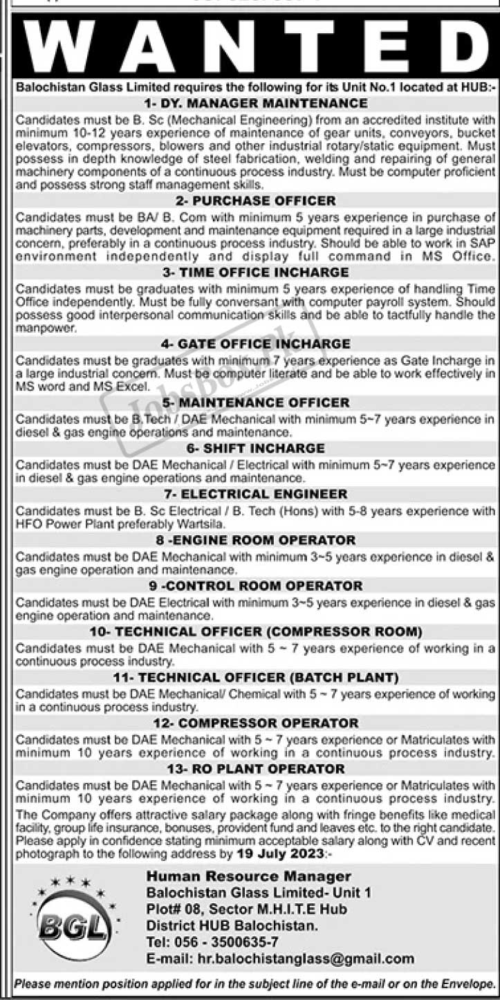 Balochistan Glass Limited BGL Jobs 2023 Current Opportunities