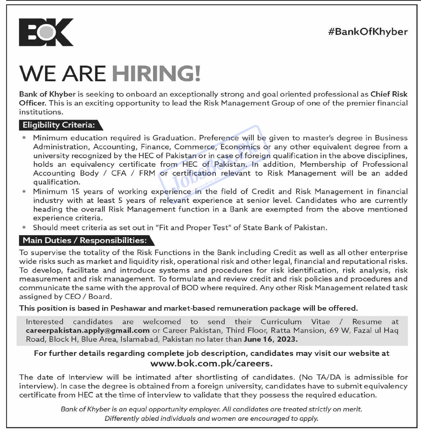 Bank of Khyber BOK Jobs 2023 Apply Online