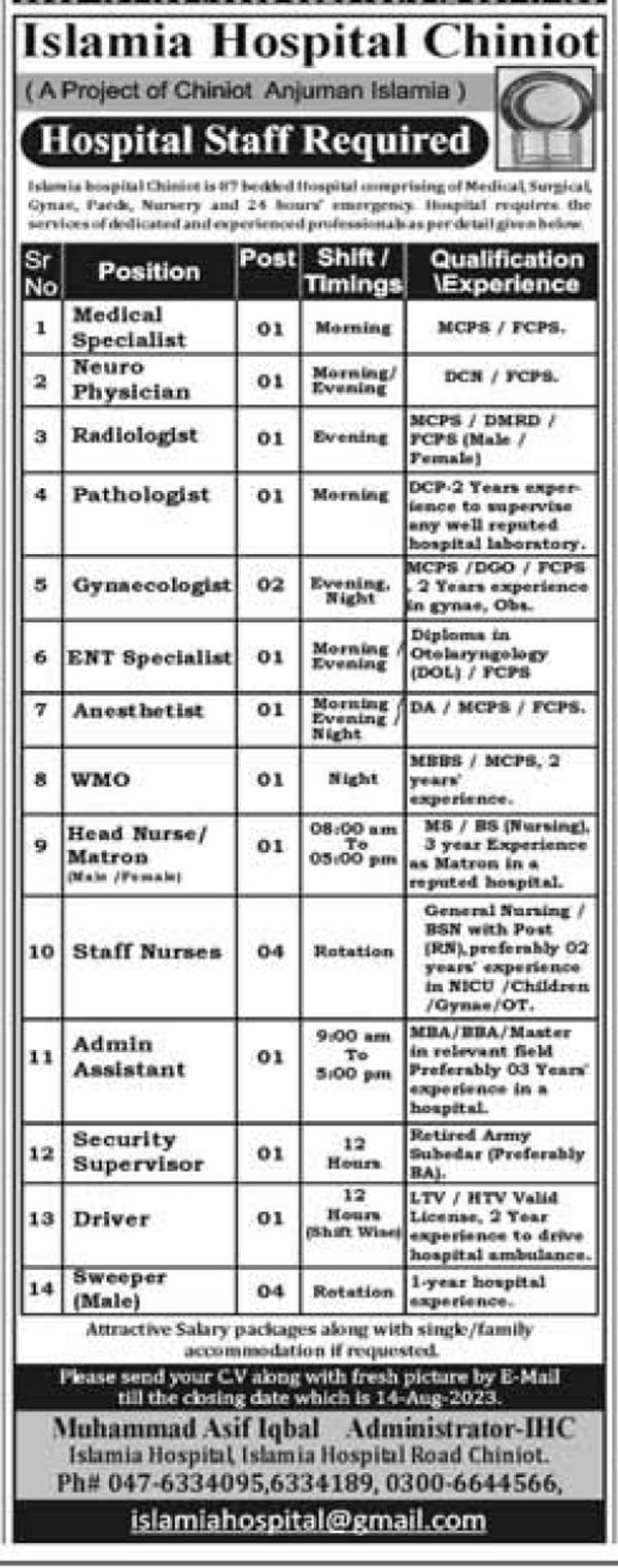 Islamia Hospital Chiniot Jobs 2023 - Send Online Applications through email