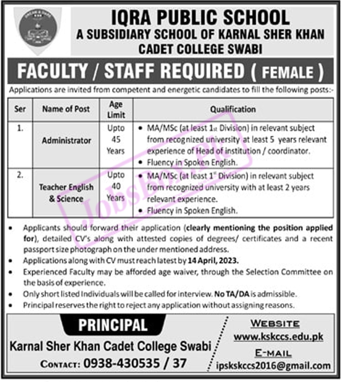 Karnal Sher Khan Cadet College Swabi Jobs 2023
