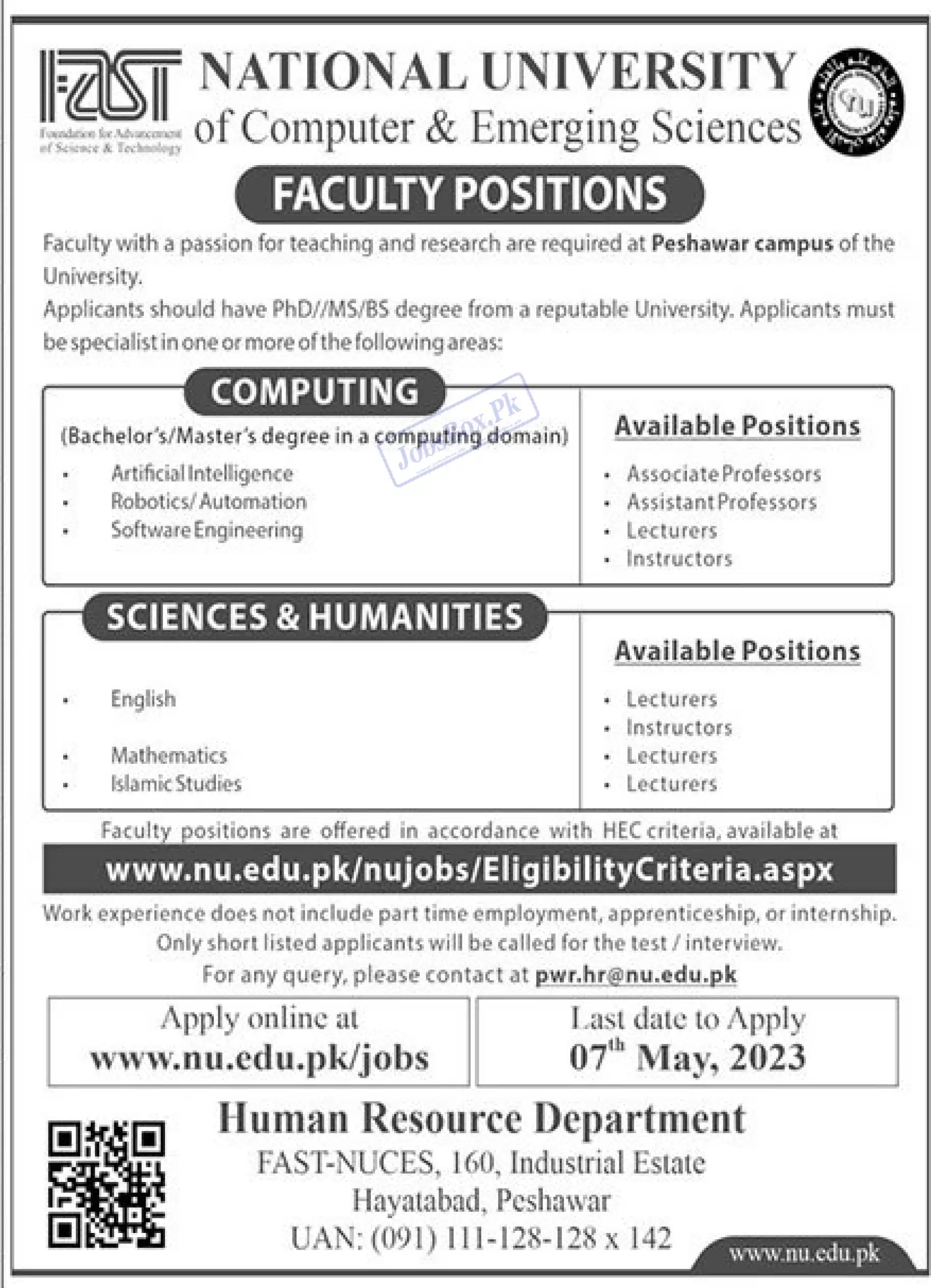 NUCES Peshawar Campus Jobs 2023
