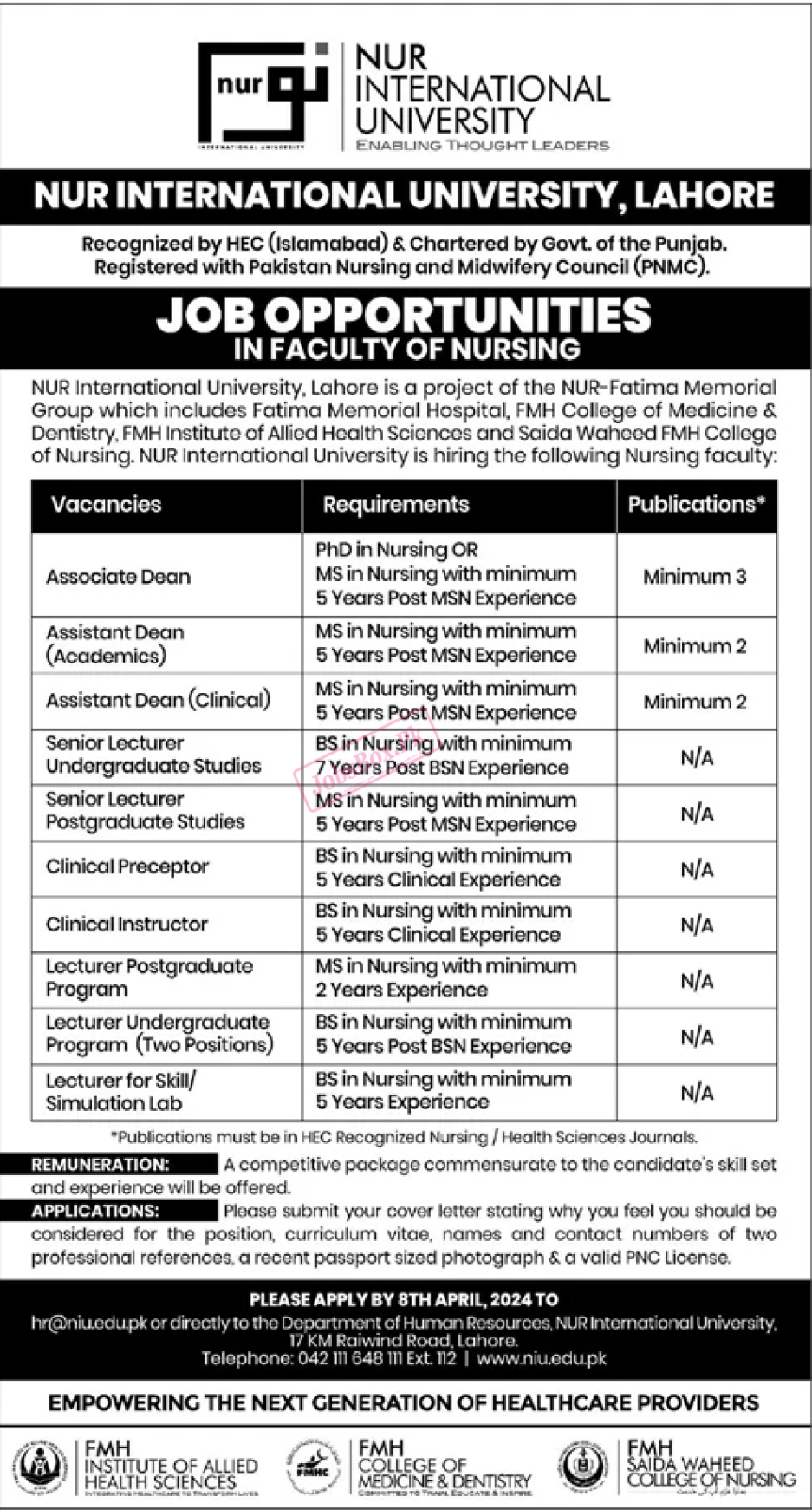 NUR International University Lahore Jobs 2024