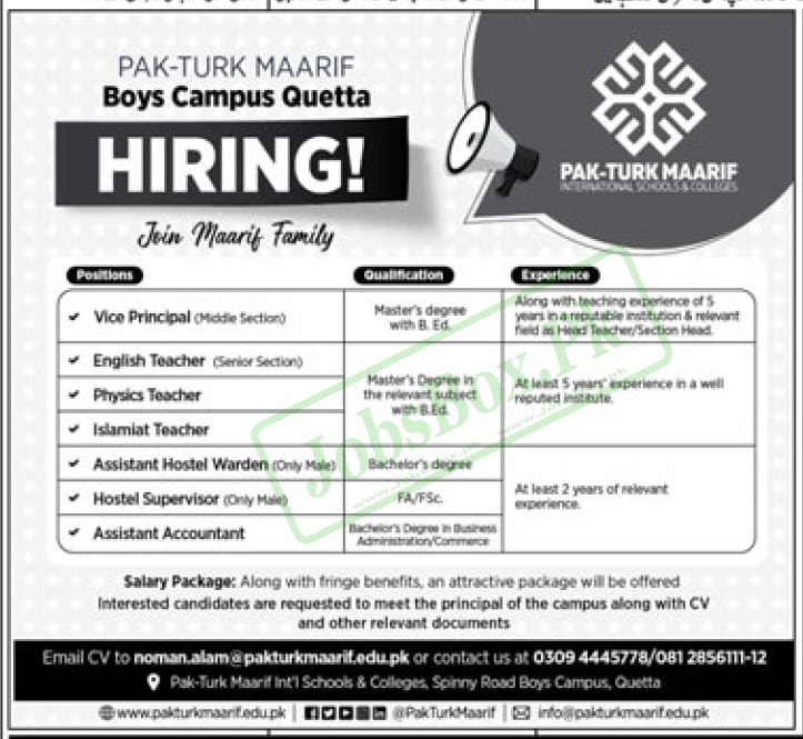 Pak Turk Maarif School Boys Campus Quetta Jobs 2023