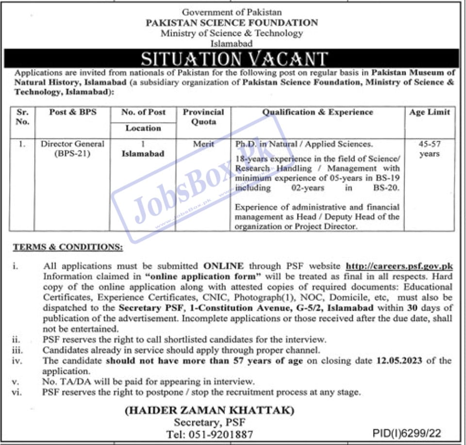 Pakistan Science Foundation PSF Jobs 2023 