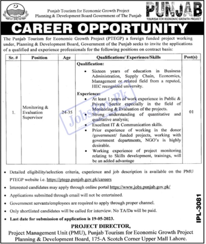 Punjab Tourism for Economic Growth Project Jobs 2023 for M&E Supervisor