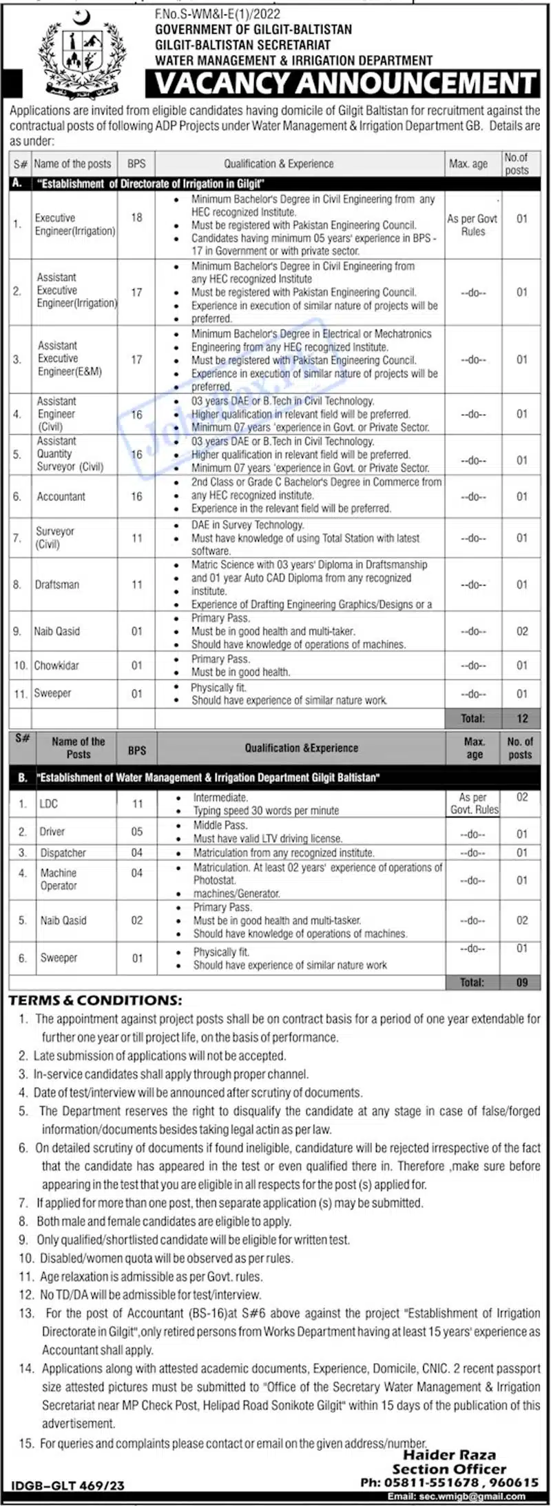 Water Management and Irrigation Department GB Jobs 2023 Current Careers