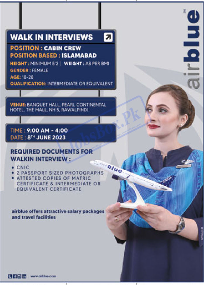 Air Blue Jobs 2023 for Cabin Crew in Islamabad