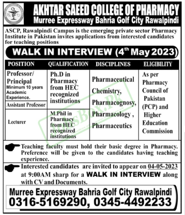 Akhtar Saeed College of Pharmacy Rawalpindi Jobs 2023