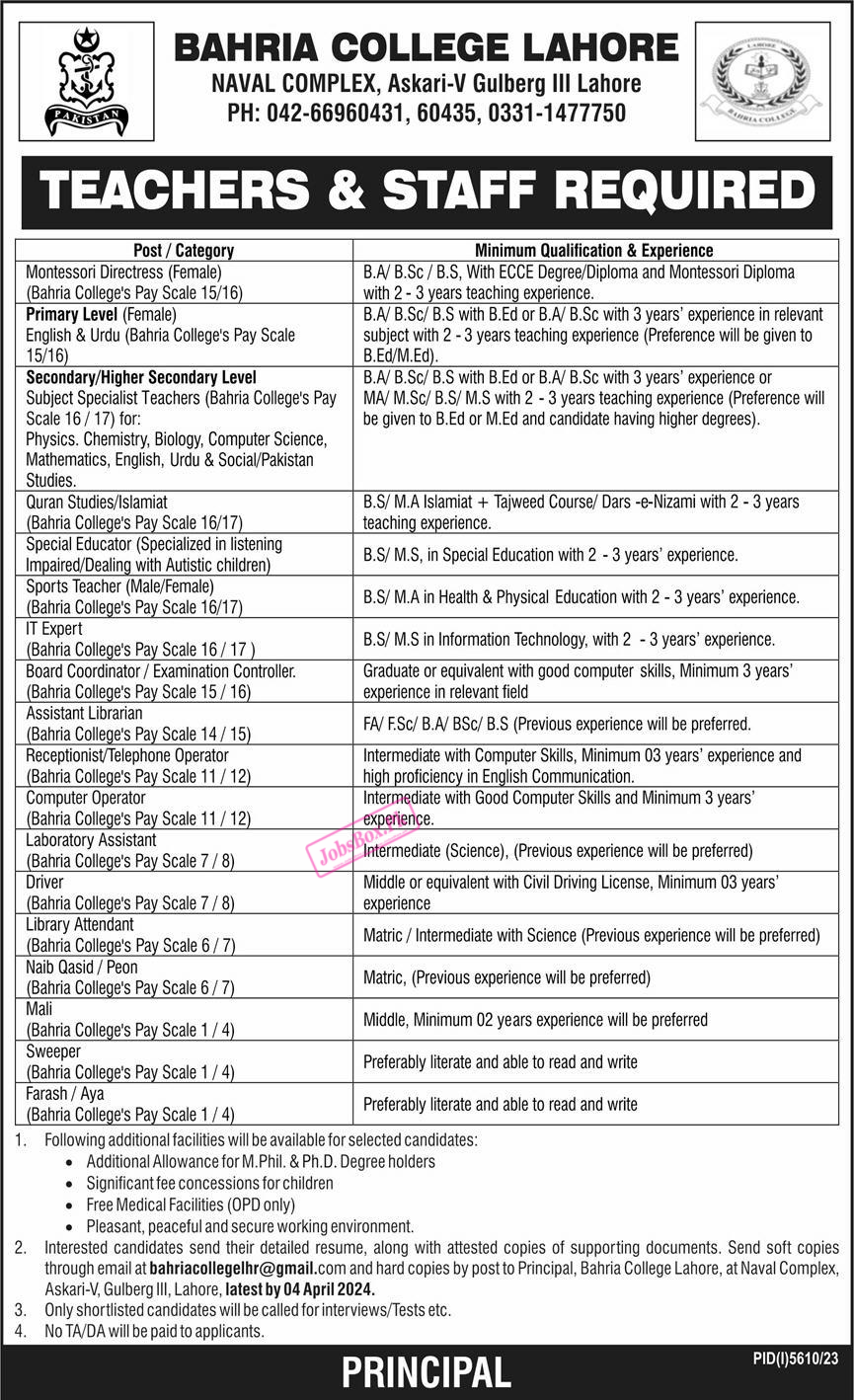 Bahria College Lahore Jobs 2024