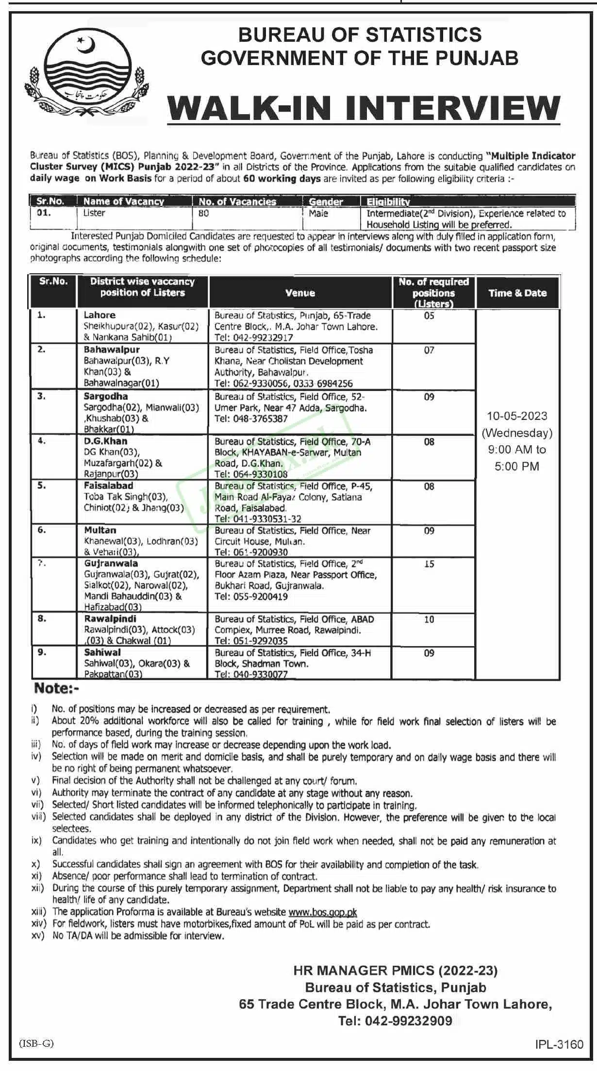 Bureau of Statistics Punjab Jobs 2023 - BOS New Vacancies Notice