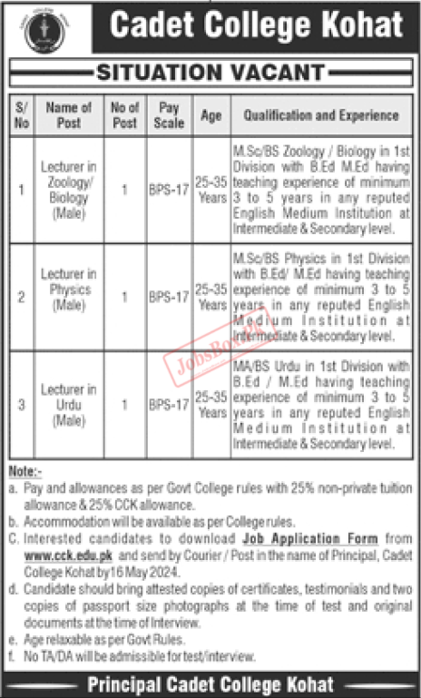 Cadet College Kohat Jobs Announcement 2024