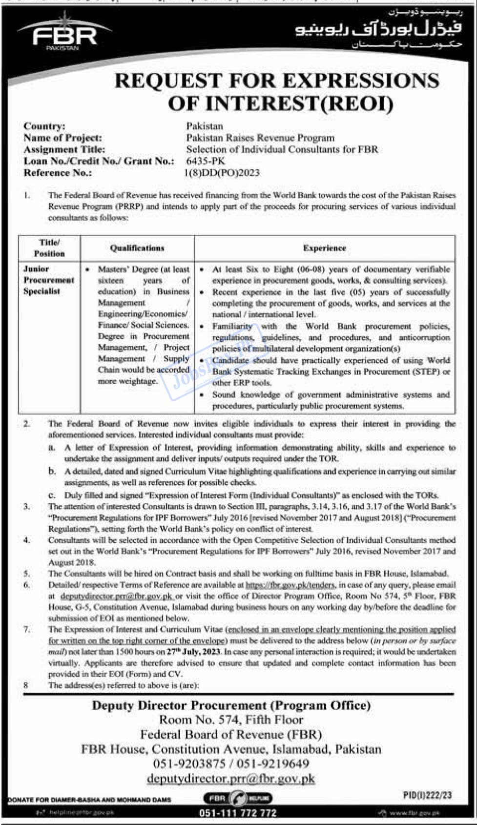 FBR Jobs 2023 - Federal Board of Revenue - Job Descriptions & Criteria