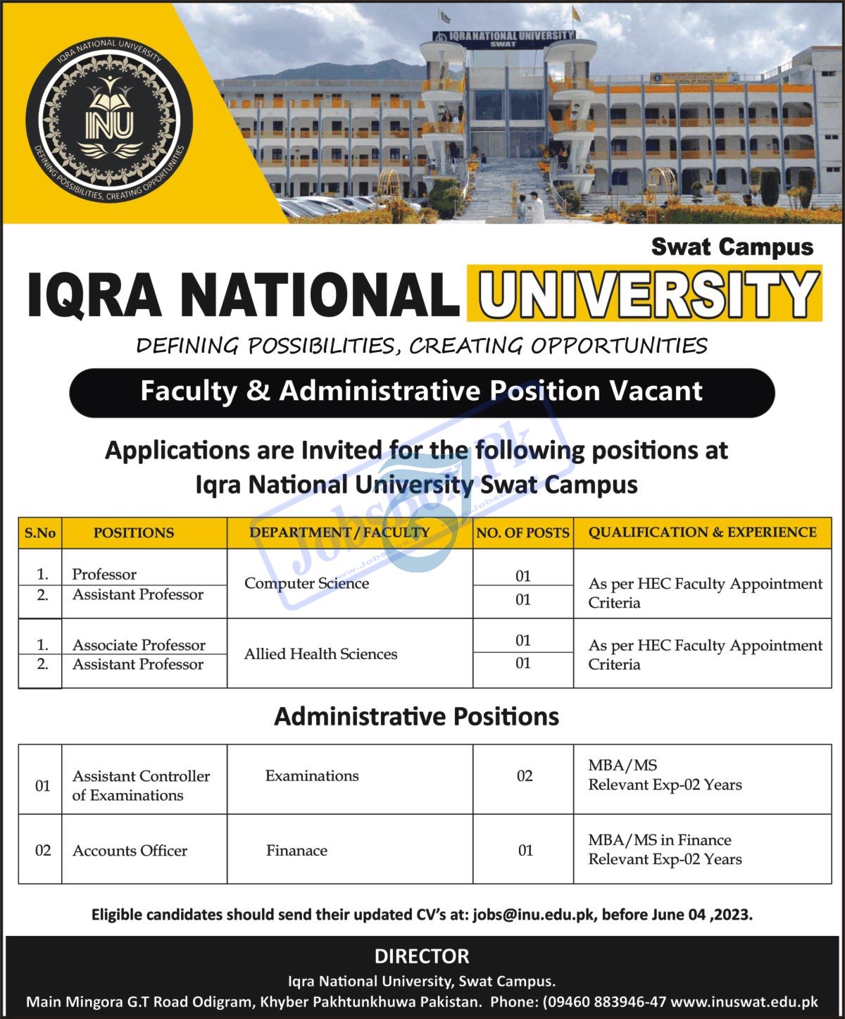 Iqra National University Swat Campus Jobs 2023