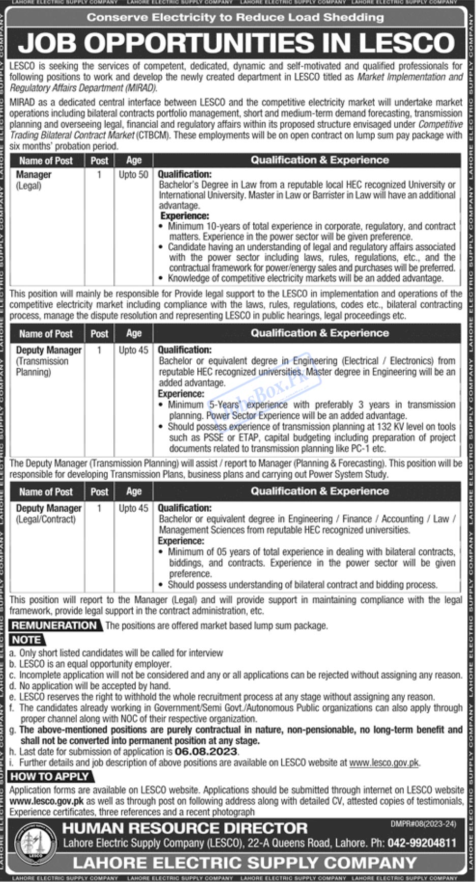 LESCO Jobs 2023 - Lahore Electric Supply Company Current Vacancies