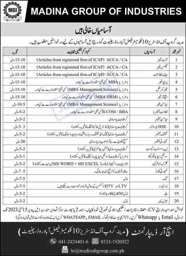 Madina Group of Industries Chiniot Jobs 2023 