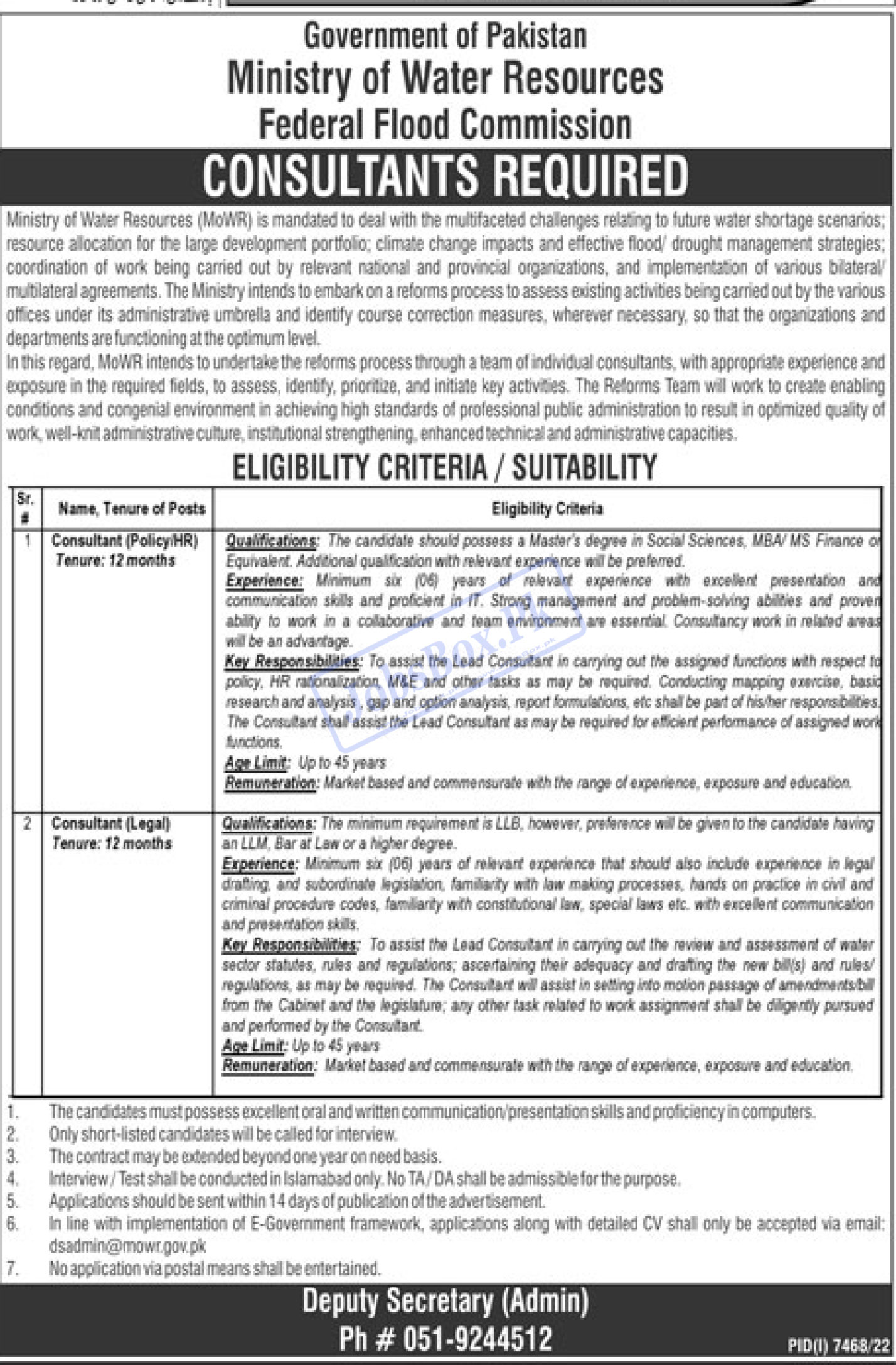 Ministry of Water Resources Jobs 2023 for Federal Flood Commission