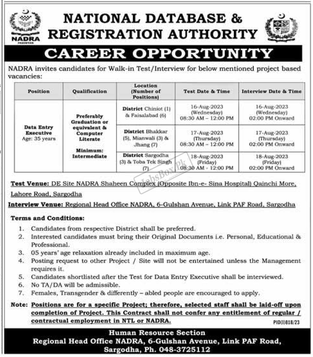 NADRA Regional Head Office Sargodha Jobs 2023 Interviews Schedule