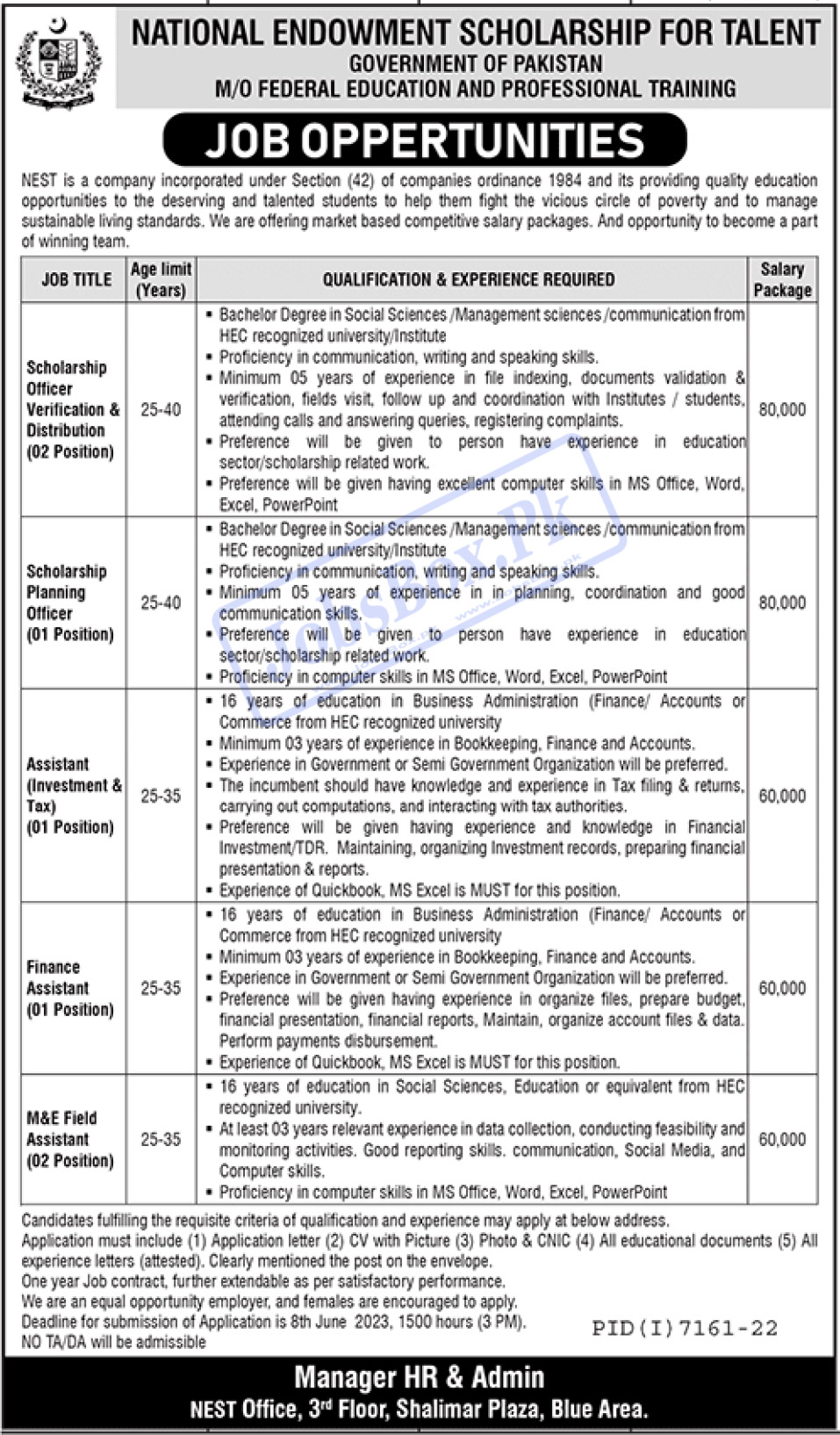 National Endowment Scholarship for Talent NEST Jobs 2023 in Islamabad