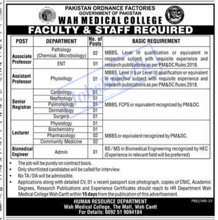 POF - Wah Medical College Jobs 2023 