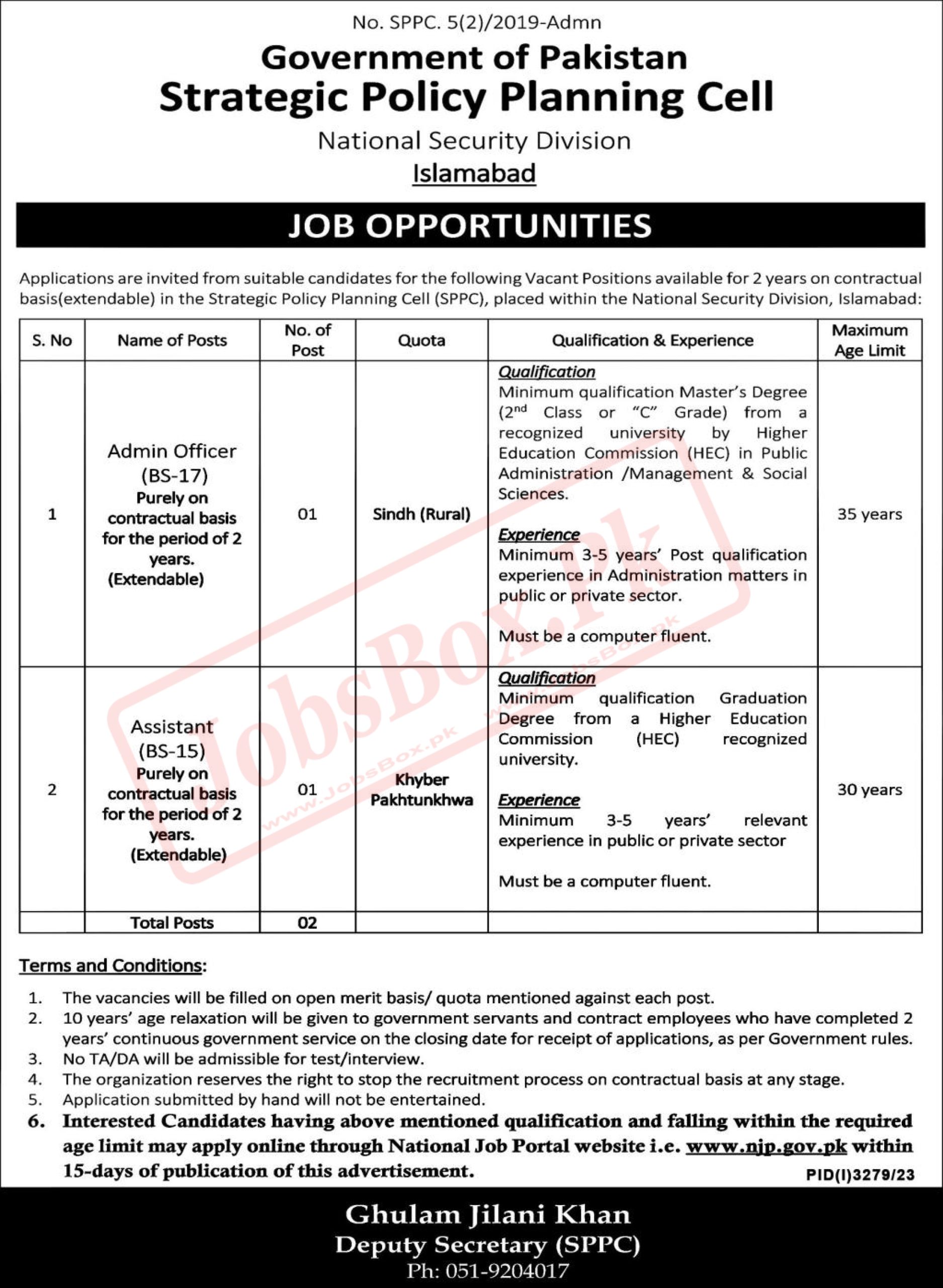 Pakistan Government National Security Division Jobs 2023