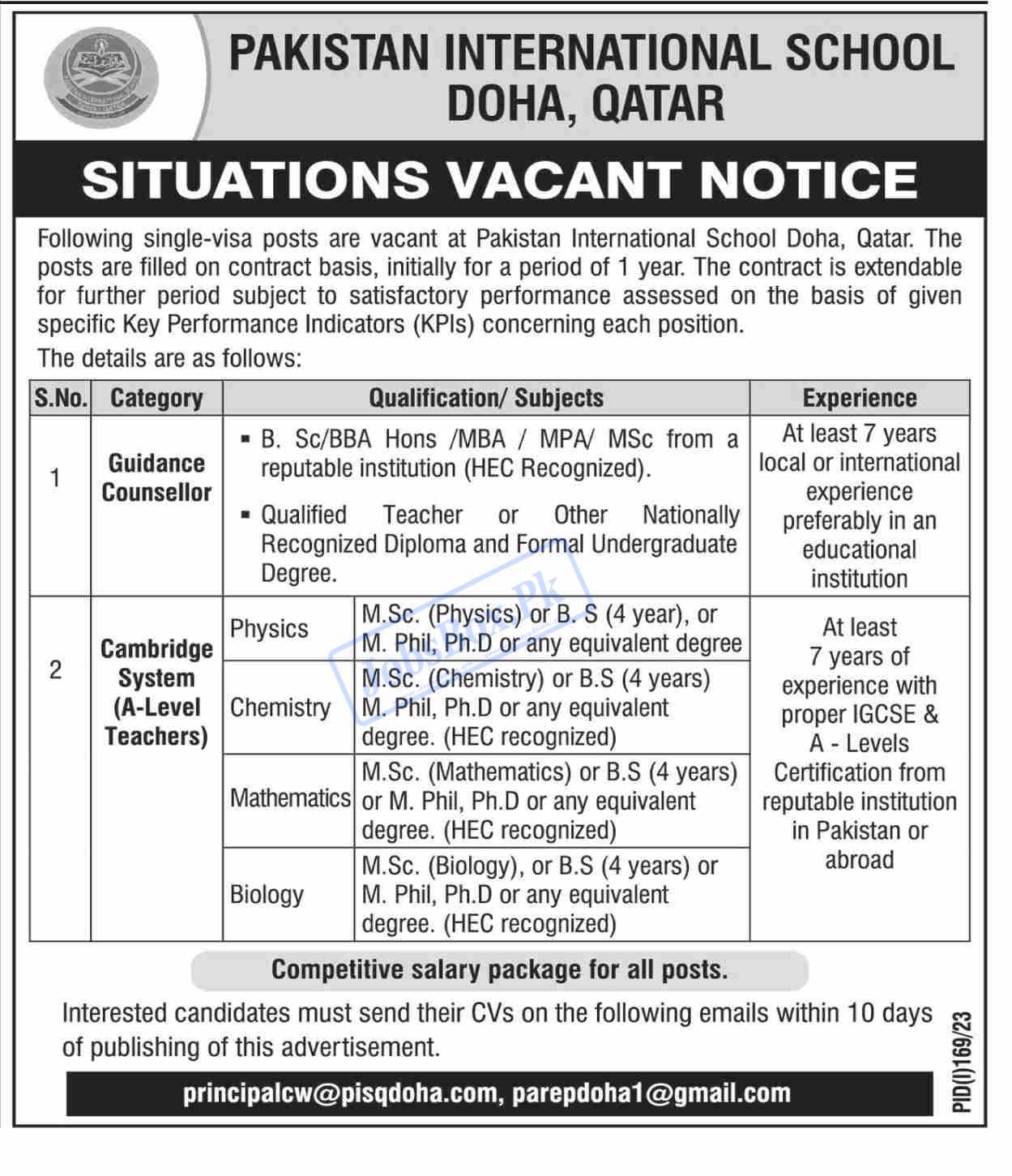 Pakistan International School Doha Qatar Jobs 2023 Send Online CVs