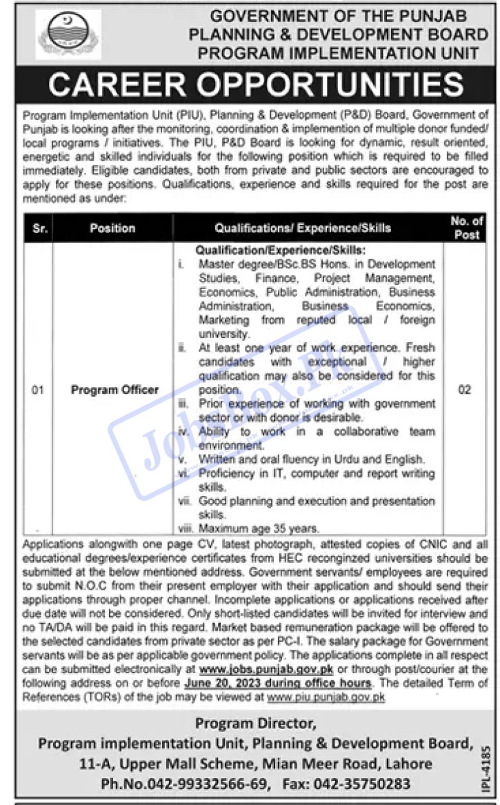 Planning & Development Board Punjab Jobs 2023 for Program Officers