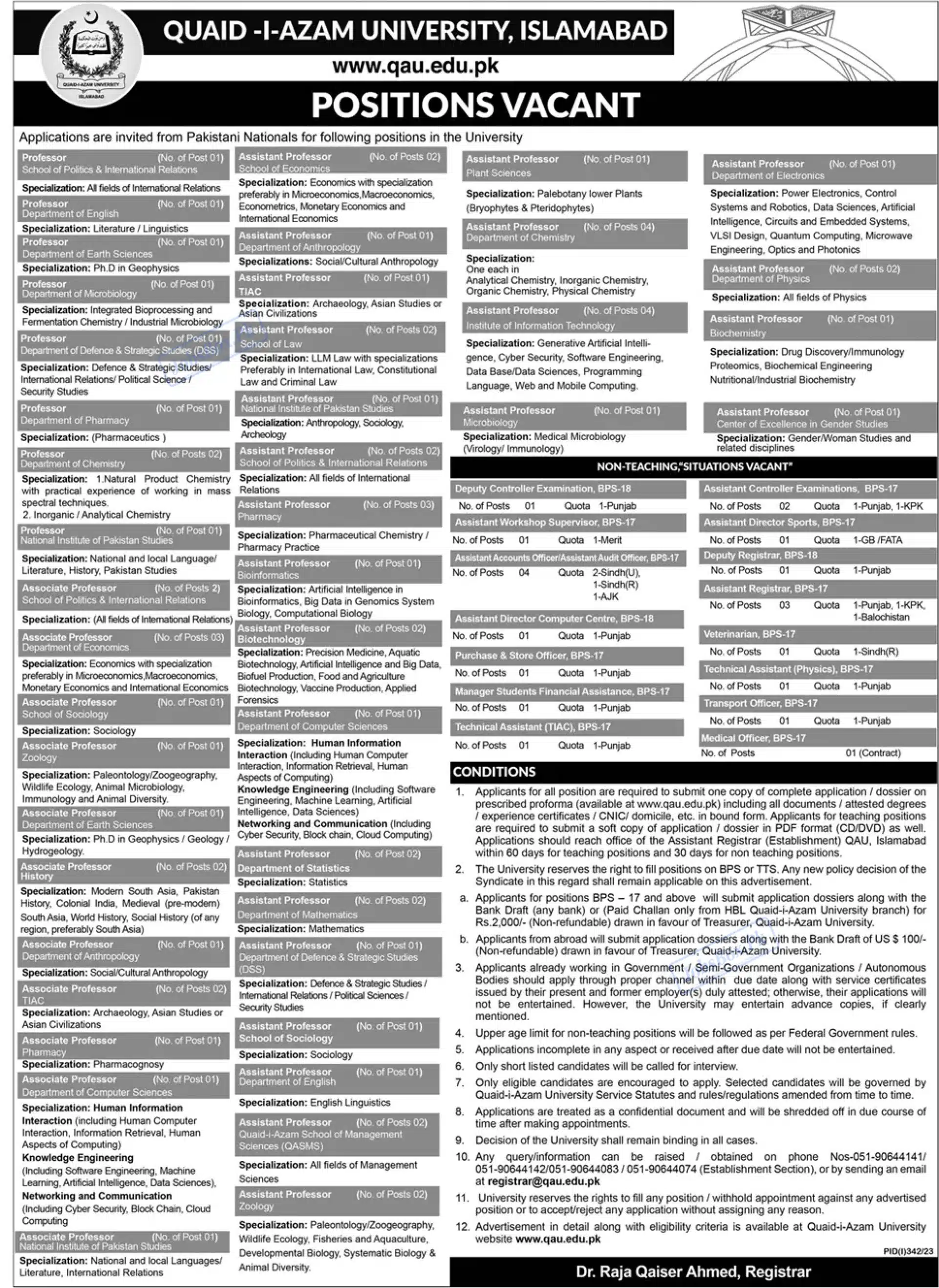 Quaid E Azam University Islamabad Jobs 2023 for Academic Staff