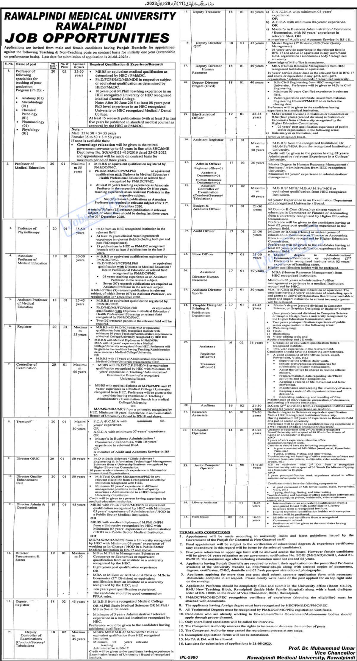 Rawalpindi Medical University Jobs 2023 Download Application Form