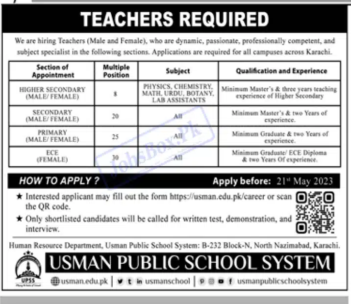 Usman Public School System Jobs 2023