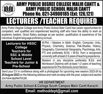 APS and Army Public Degree College Malir Cantt Jobs 2023 Current Opportunities