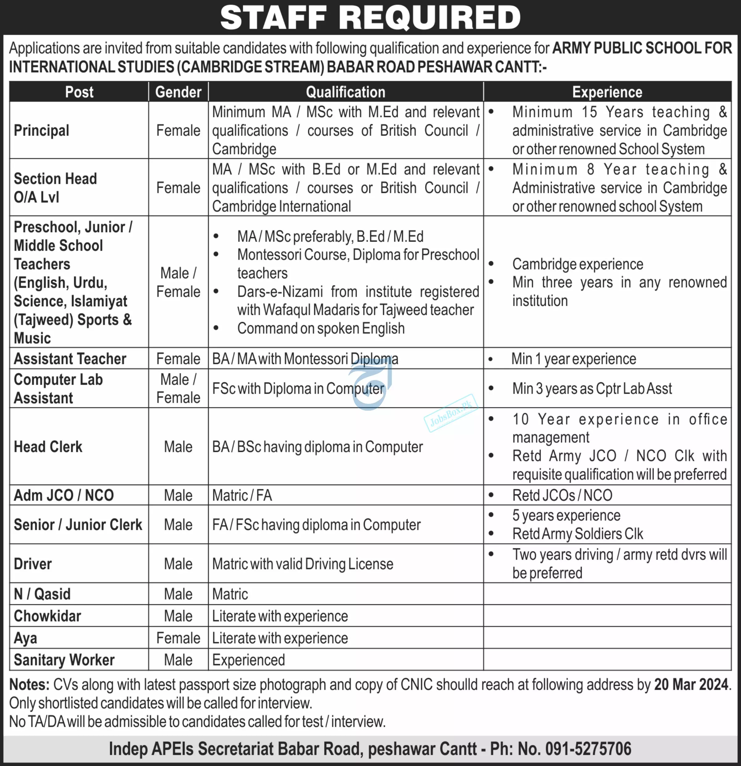 Army Public School APS Peshawar Jobs 2024