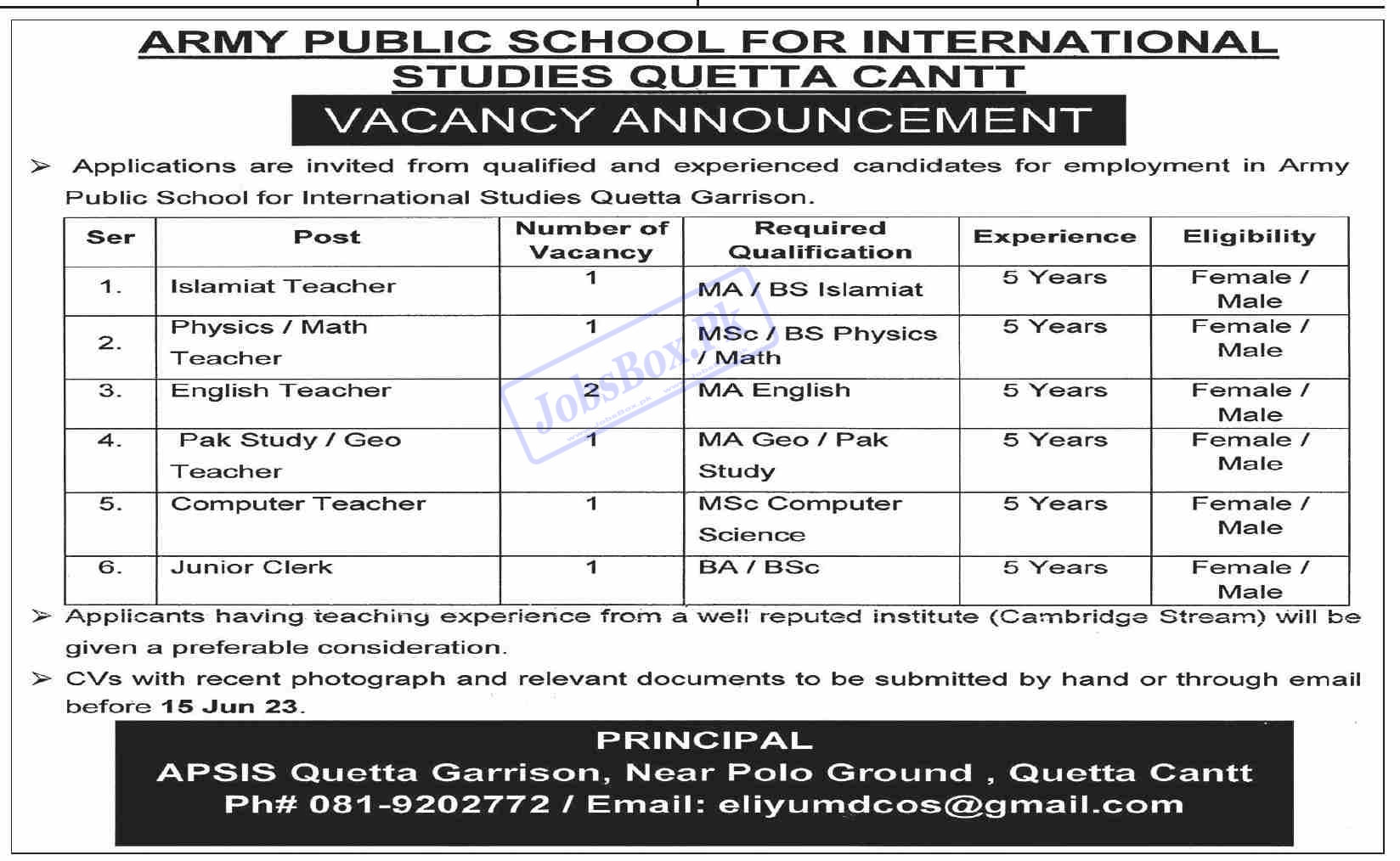 Army Public School APS Quetta Jobs 2023