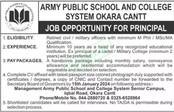 Army Public School and College System Okara Cantt Jobs