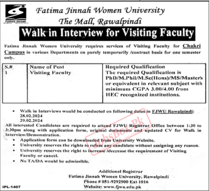 Fatima Jinnah Women University Rawalpindi Jobs 2024