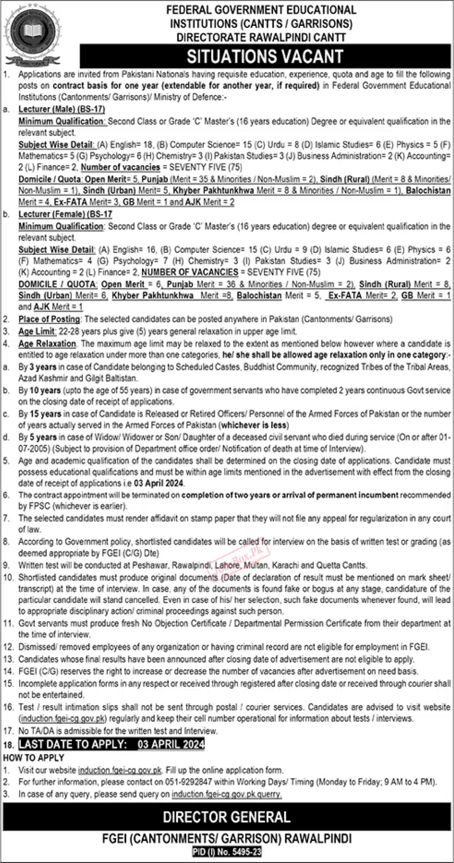 Federal Government Educational Institutions FGEI Jobs 2024