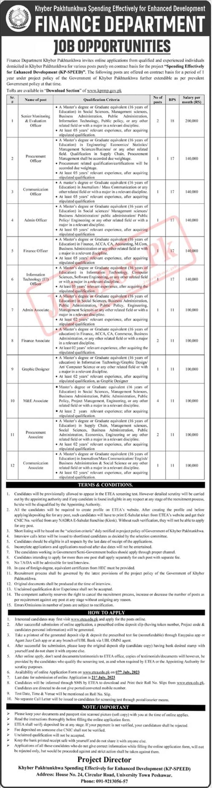 Finance Department KPK Jobs 2023 - ETEA Online Apply Form