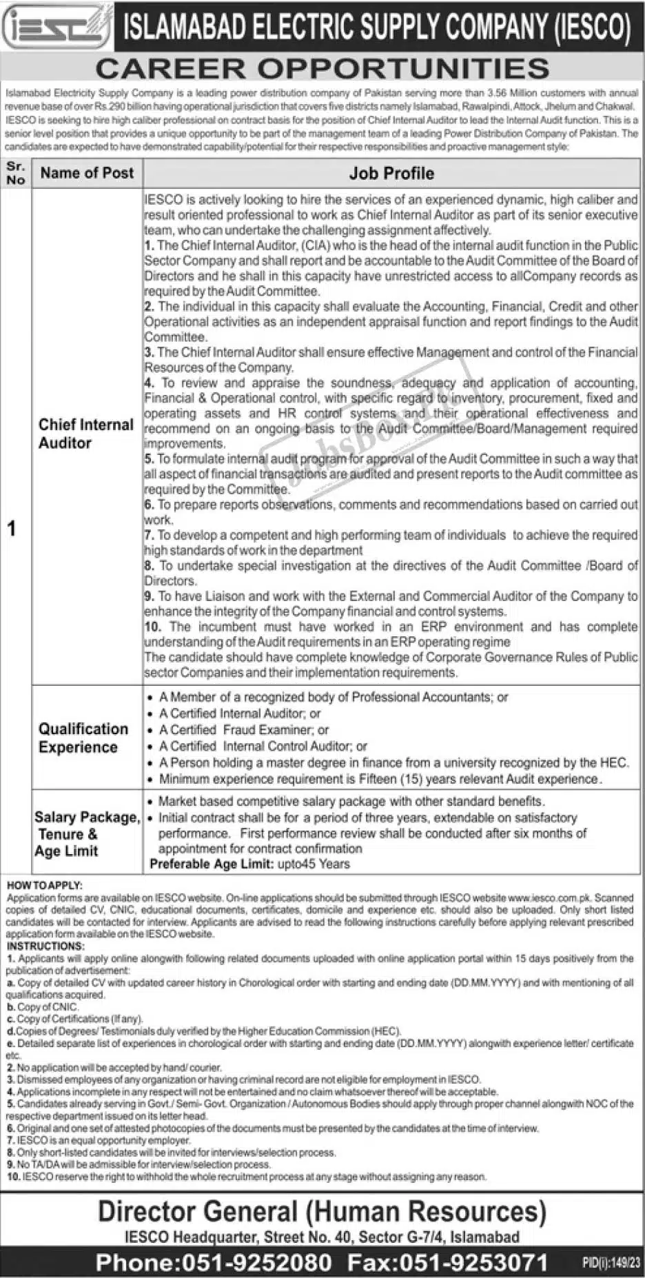 IESCO Jobs 2023 for Chief Internal Auditor Latest