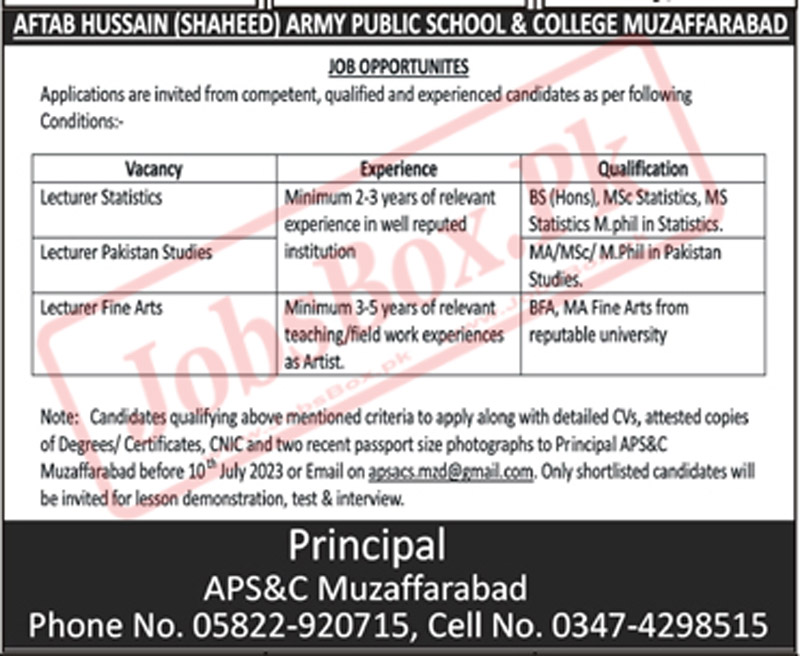 Latest Army Public School and College Muzaffarabad Jobs 2023