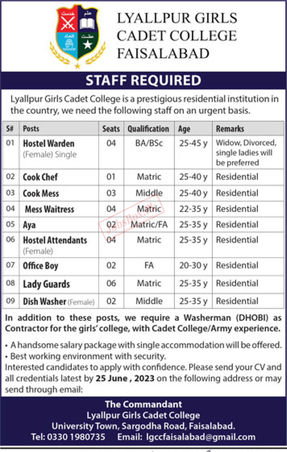 Lyallpur Girls Cadet College Faisalabad Jobs 2023