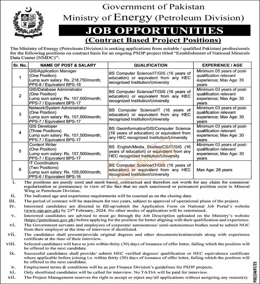 Ministry of Energy Petroleum Division Jobs 2024