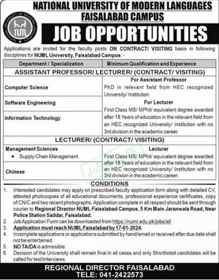 NUML Faisalabad Campus Jobs 2024