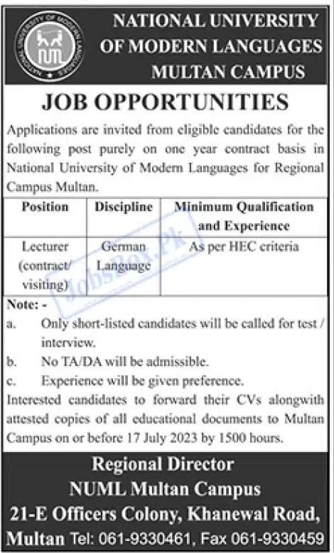 NUML Multan Jobs 2023 for Lecturer Latest