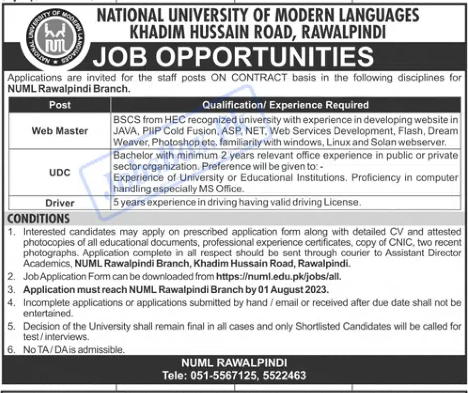 NUML Rawalpindi Branch Jobs 2023 - Web Master Recruitment